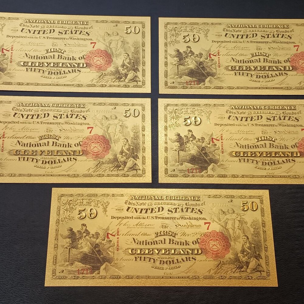 "LOT OF 5" 1863 $50 Bill The First National Bank of Cleveland OH 24K Gold Foil
